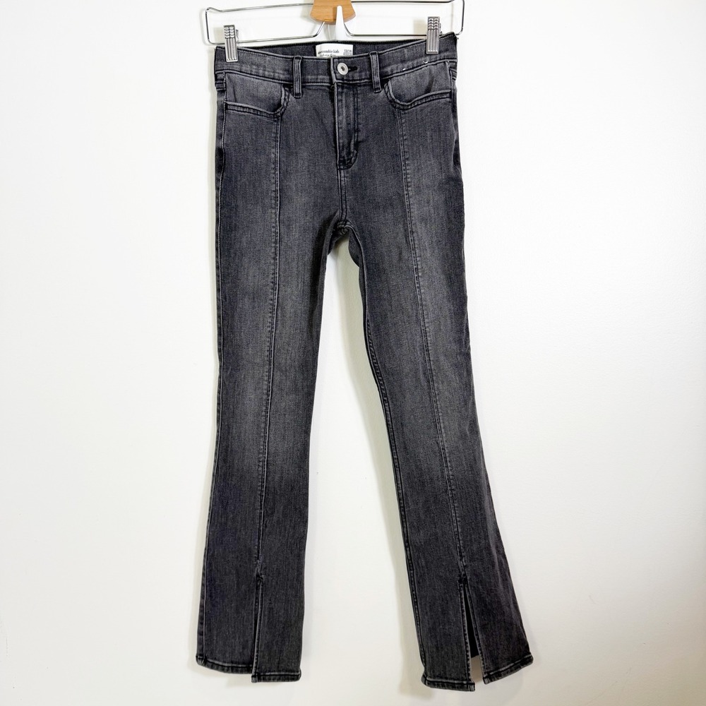 Abercrombie Kids Flare Jeans Girls 13/14 Black High Rise Front Seam Split Hem